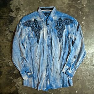 LARGE Blue Y2k ROAR long sleeve button up